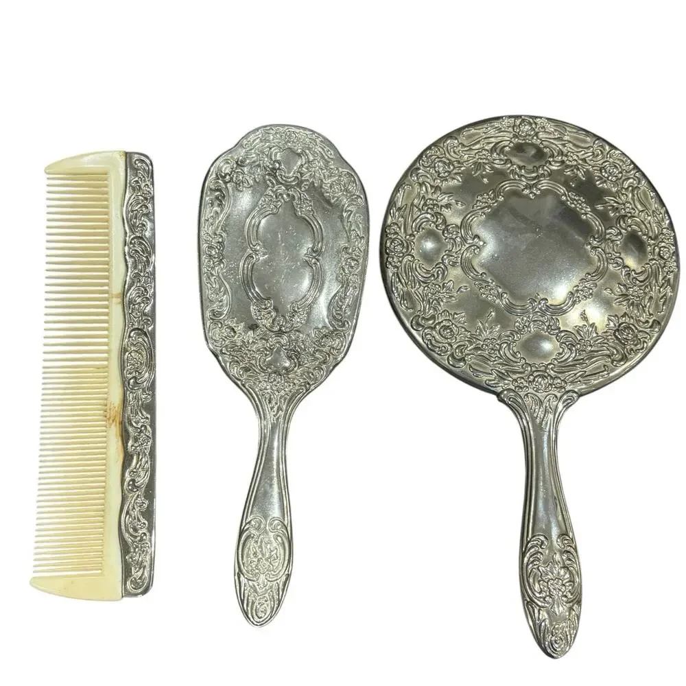 Vintage Silver Plated Vanity Dresser Set Mirror Brush Comb Ornate Floral
